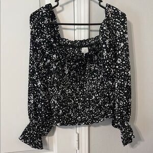 A New Day Black and White Smocked Ruffled Long Sleeve Blouse